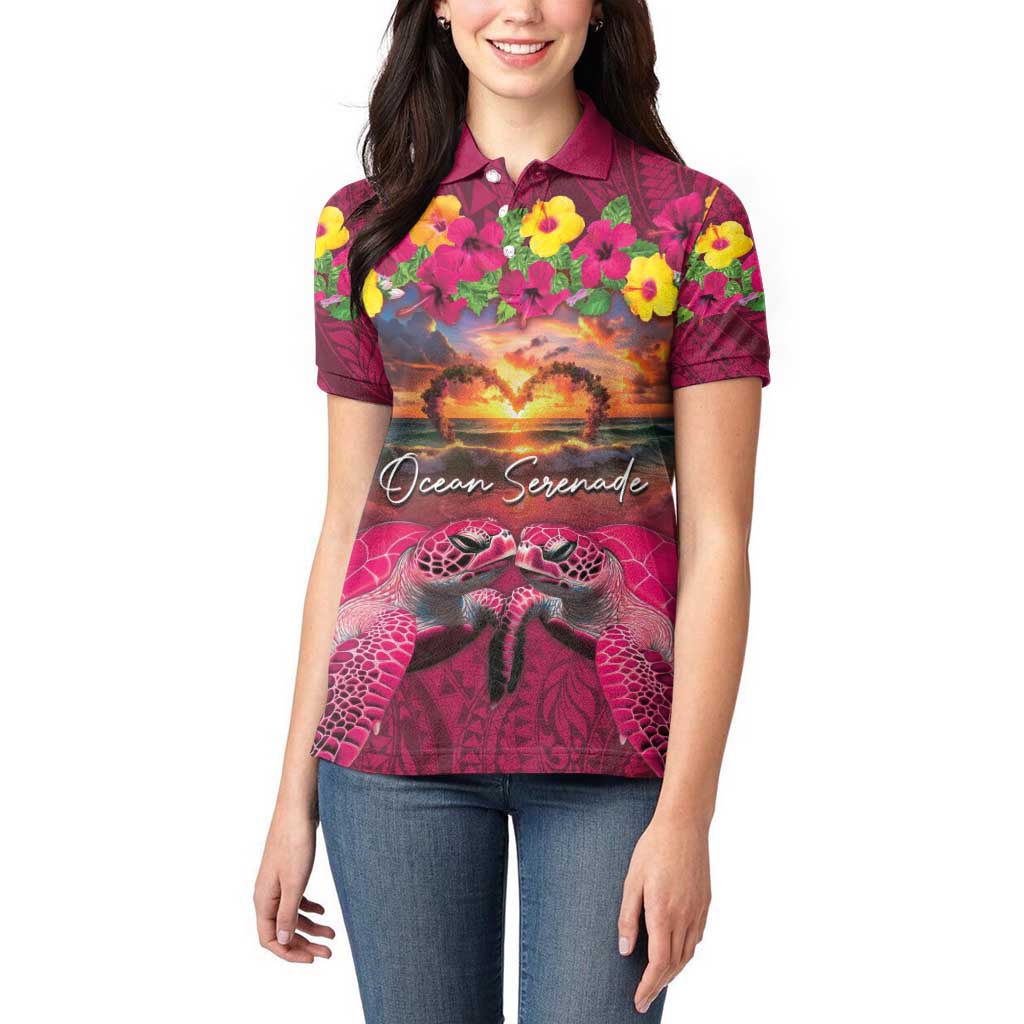 Hawaiian Turtle Love Couple Women Polo Shirt Ocean Serenade - Honu Honi Ihu with Hibiscus and Romantic Sunset Pink Color LT03 - Polynesian Pride
