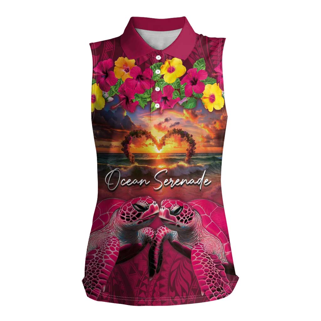 Hawaiian Turtle Love Couple Women Sleeveless Polo Shirt Ocean Serenade - Honu Honi Ihu with Hibiscus and Romantic Sunset Pink Color LT03 Female Pink - Polynesian Pride