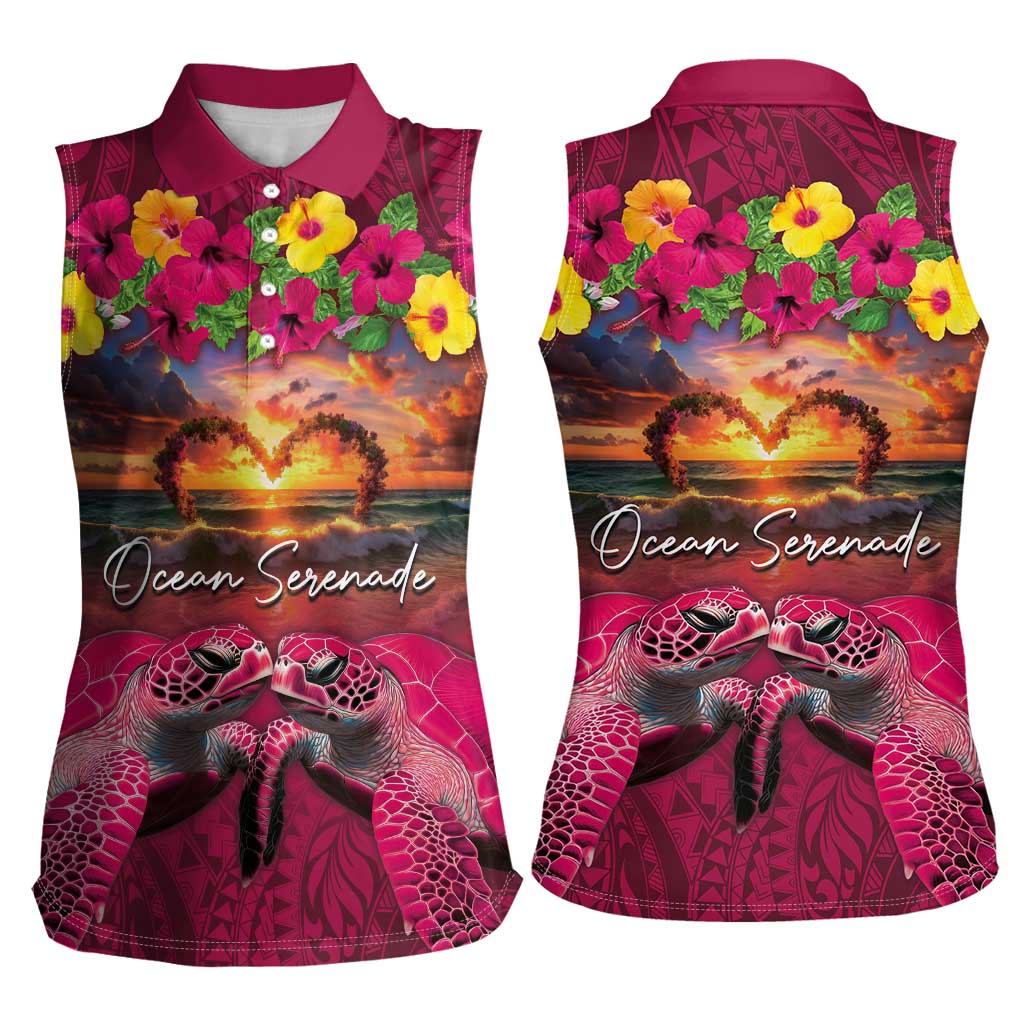 Hawaiian Turtle Love Couple Women Sleeveless Polo Shirt Ocean Serenade - Honu Honi Ihu with Hibiscus and Romantic Sunset Pink Color LT03 - Polynesian Pride
