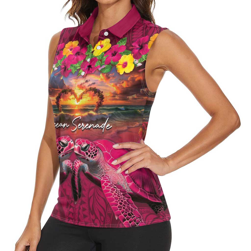Hawaiian Turtle Love Couple Women Sleeveless Polo Shirt Ocean Serenade - Honu Honi Ihu with Hibiscus and Romantic Sunset Pink Color LT03 - Polynesian Pride