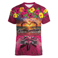 Hawaiian Turtle Love Couple Women V-Neck T-Shirt Ocean Serenade - Honu Honi Ihu with Hibiscus and Romantic Sunset Pink Color LT03 Female Pink - Polynesian Pride