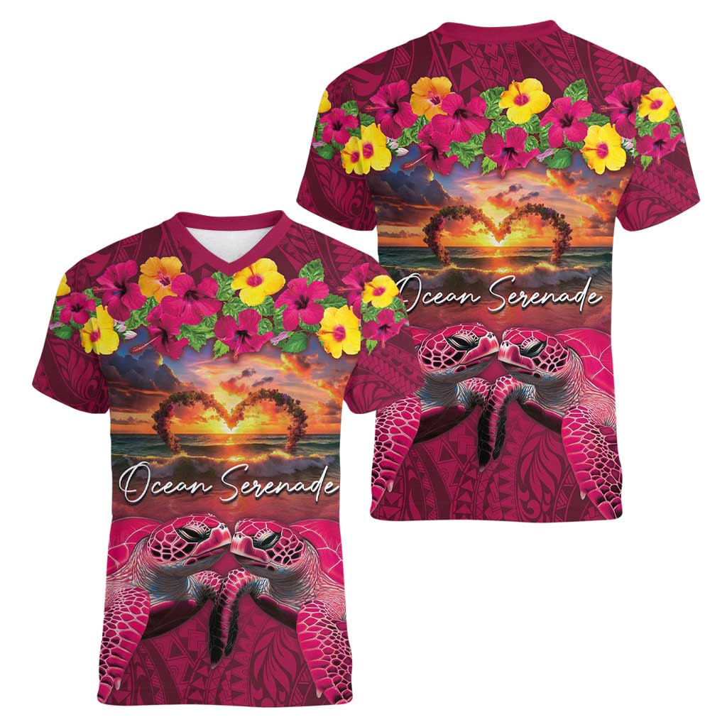 Hawaiian Turtle Love Couple Women V-Neck T-Shirt Ocean Serenade - Honu Honi Ihu with Hibiscus and Romantic Sunset Pink Color LT03 - Polynesian Pride