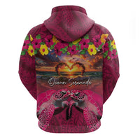 Hawaiian Turtle Love Couple Zip Hoodie Ocean Serenade - Honu Honi Ihu with Hibiscus and Romantic Sunset Pink Color LT03 - Polynesian Pride