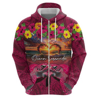 Hawaiian Turtle Love Couple Zip Hoodie Ocean Serenade - Honu Honi Ihu with Hibiscus and Romantic Sunset Pink Color LT03 - Polynesian Pride