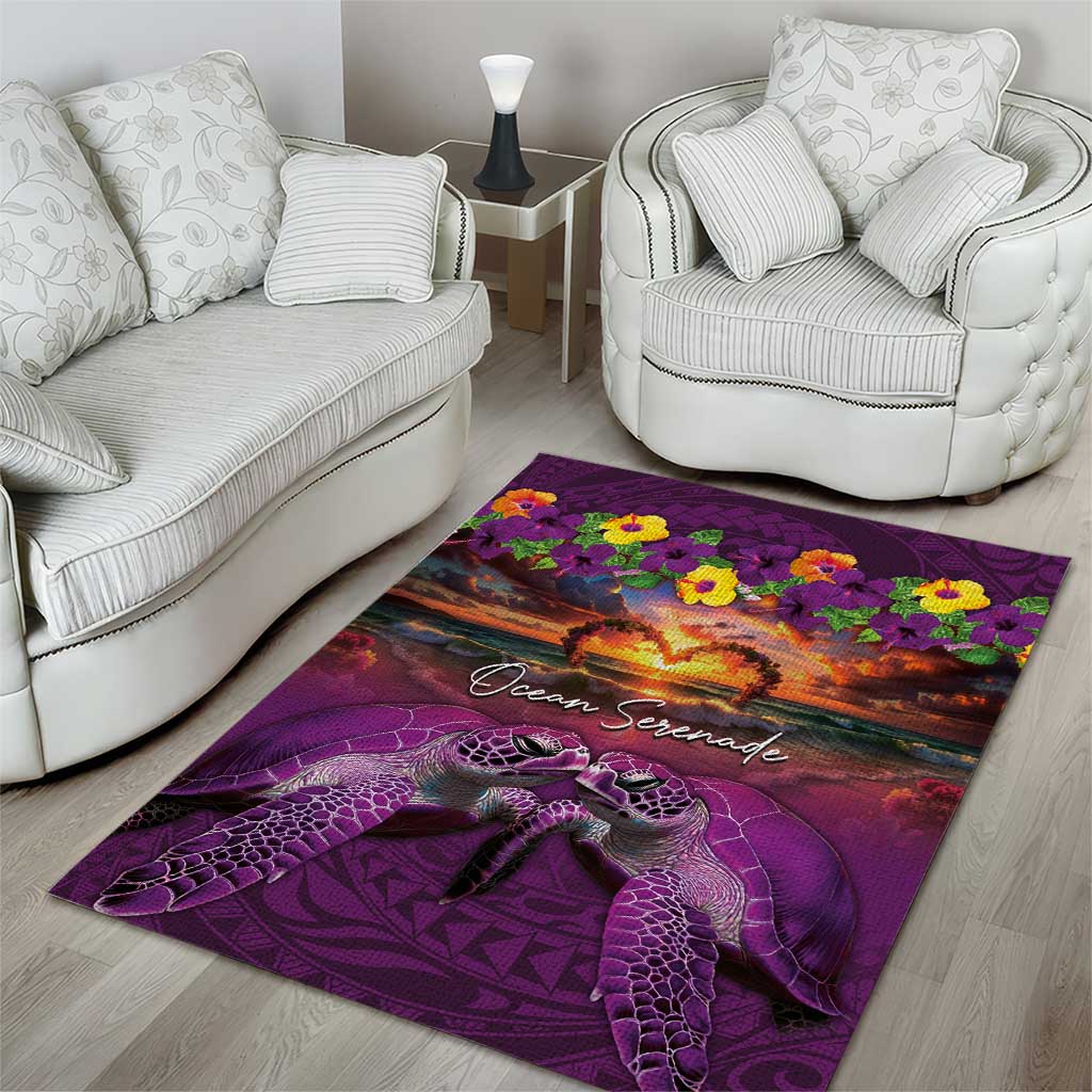 Hawaiian Turtle Love Couple Area Rug Ocean Serenade - Honu Honi Ihu with Hibiscus and Romantic Sunset Purple Color LT03 - Polynesian Pride