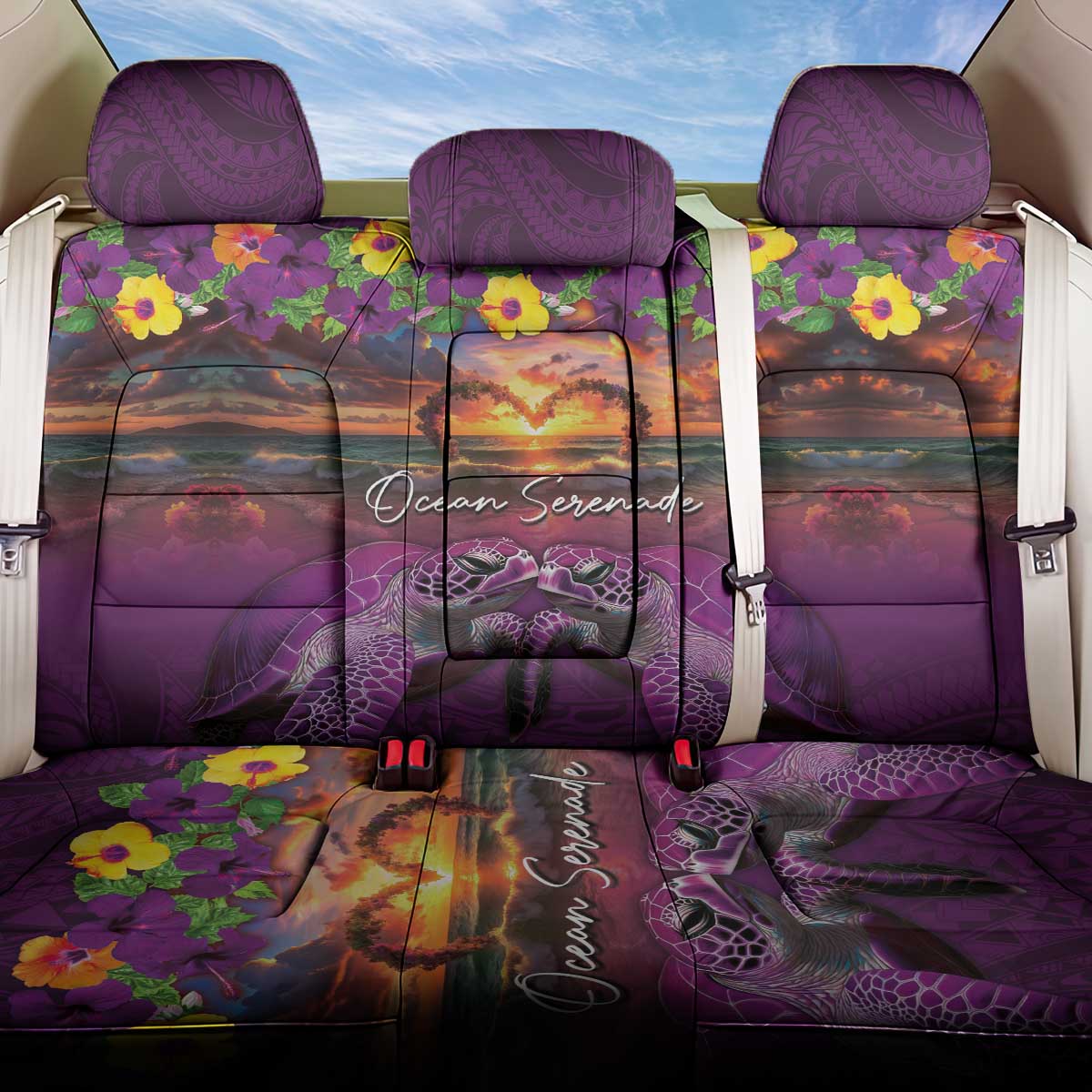 Hawaiian Turtle Love Couple Back Car Seat Cover Ocean Serenade - Honu Honi Ihu with Hibiscus and Romantic Sunset Purple Color LT03 One Size Purple - Polynesian Pride