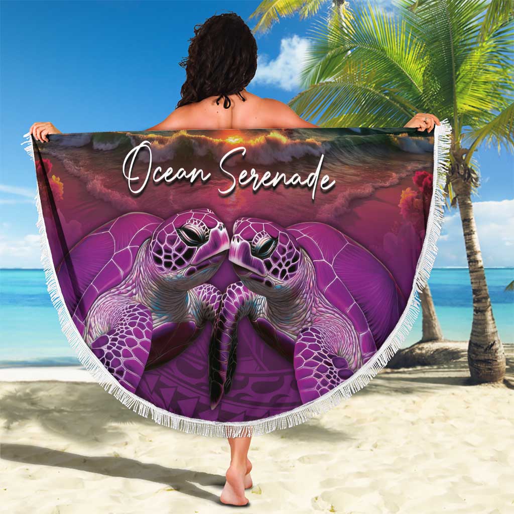 Hawaiian Turtle Love Couple Beach Blanket Ocean Serenade - Honu Honi Ihu with Hibiscus and Romantic Sunset Purple Color LT03 - Polynesian Pride
