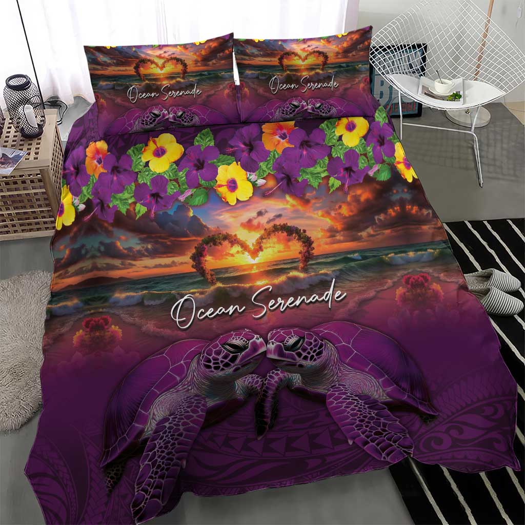 Hawaiian Turtle Love Couple Bedding Set Ocean Serenade - Honu Honi Ihu with Hibiscus and Romantic Sunset Purple Color LT03 - Polynesian Pride
