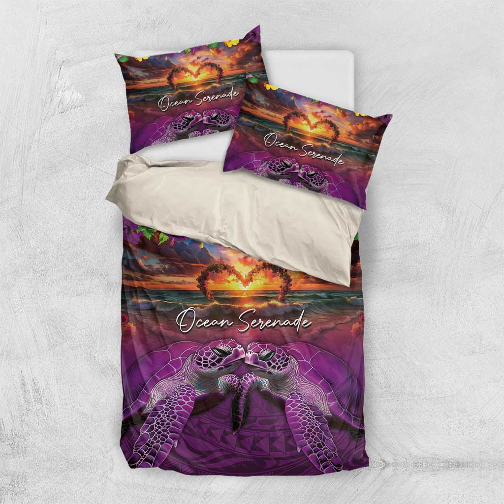 Hawaiian Turtle Love Couple Bedding Set Ocean Serenade - Honu Honi Ihu with Hibiscus and Romantic Sunset Purple Color LT03 US Twin 172cm x 218cm Purple - Polynesian Pride