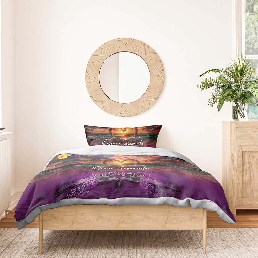Hawaiian Turtle Love Couple Bedding Set Ocean Serenade - Honu Honi Ihu with Hibiscus and Romantic Sunset Purple Color LT03 - Polynesian Pride