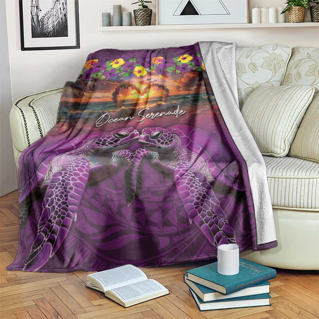 Hawaiian Turtle Love Couple Blanket Ocean Serenade - Honu Honi Ihu with Hibiscus and Romantic Sunset Purple Color LT03 Purple - Polynesian Pride