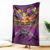Hawaiian Turtle Love Couple Blanket Ocean Serenade - Honu Honi Ihu with Hibiscus and Romantic Sunset Purple Color LT03 - Polynesian Pride