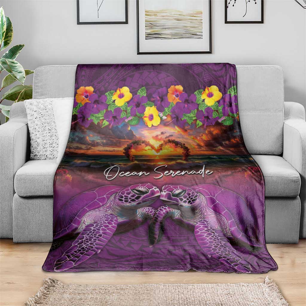 Hawaiian Turtle Love Couple Blanket Ocean Serenade - Honu Honi Ihu with Hibiscus and Romantic Sunset Purple Color LT03 - Polynesian Pride