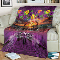 Hawaiian Turtle Love Couple Blanket Ocean Serenade - Honu Honi Ihu with Hibiscus and Romantic Sunset Purple Color LT03 - Polynesian Pride