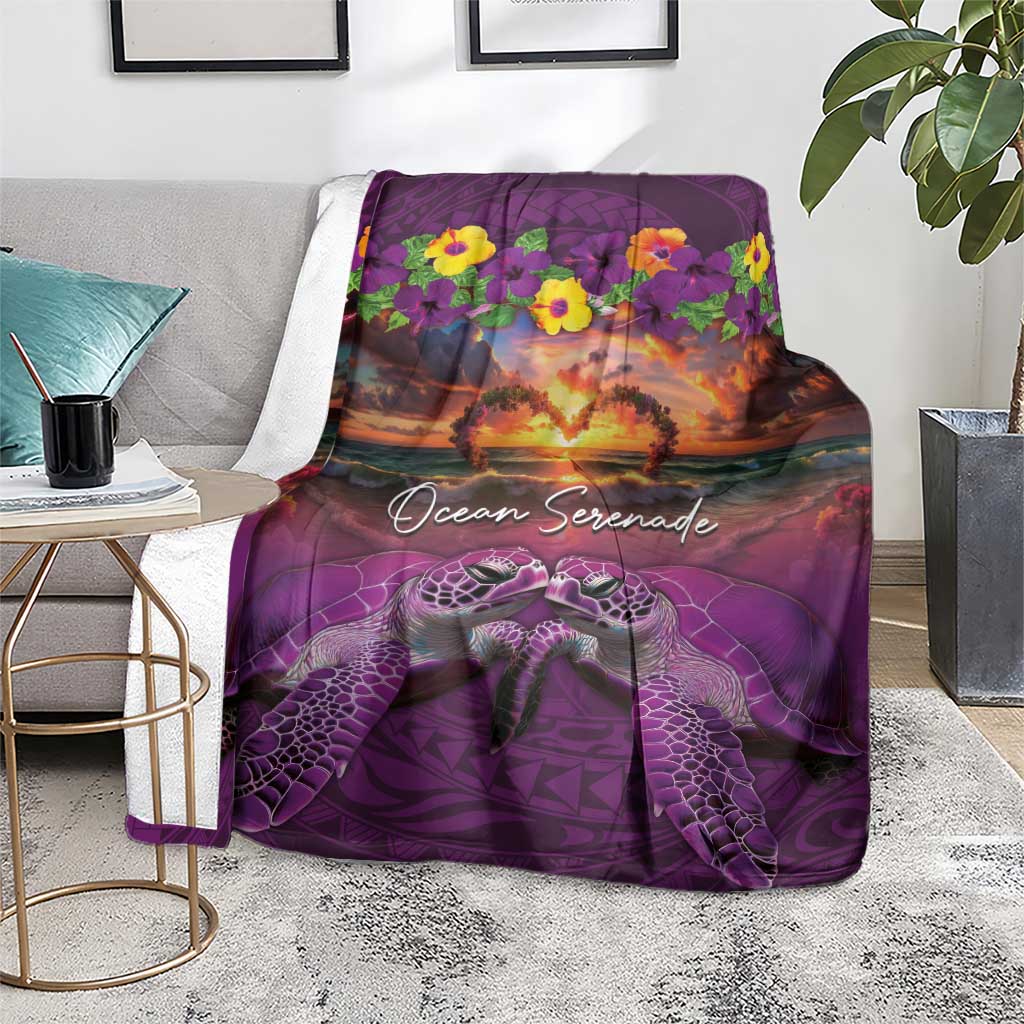Hawaiian Turtle Love Couple Blanket Ocean Serenade - Honu Honi Ihu with Hibiscus and Romantic Sunset Purple Color LT03 - Polynesian Pride