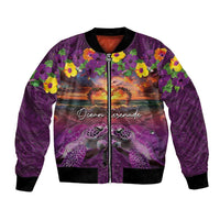 Hawaiian Turtle Love Couple Bomber Jacket Ocean Serenade - Honu Honi Ihu with Hibiscus and Romantic Sunset Purple Color LT03 Unisex Purple - Polynesian Pride