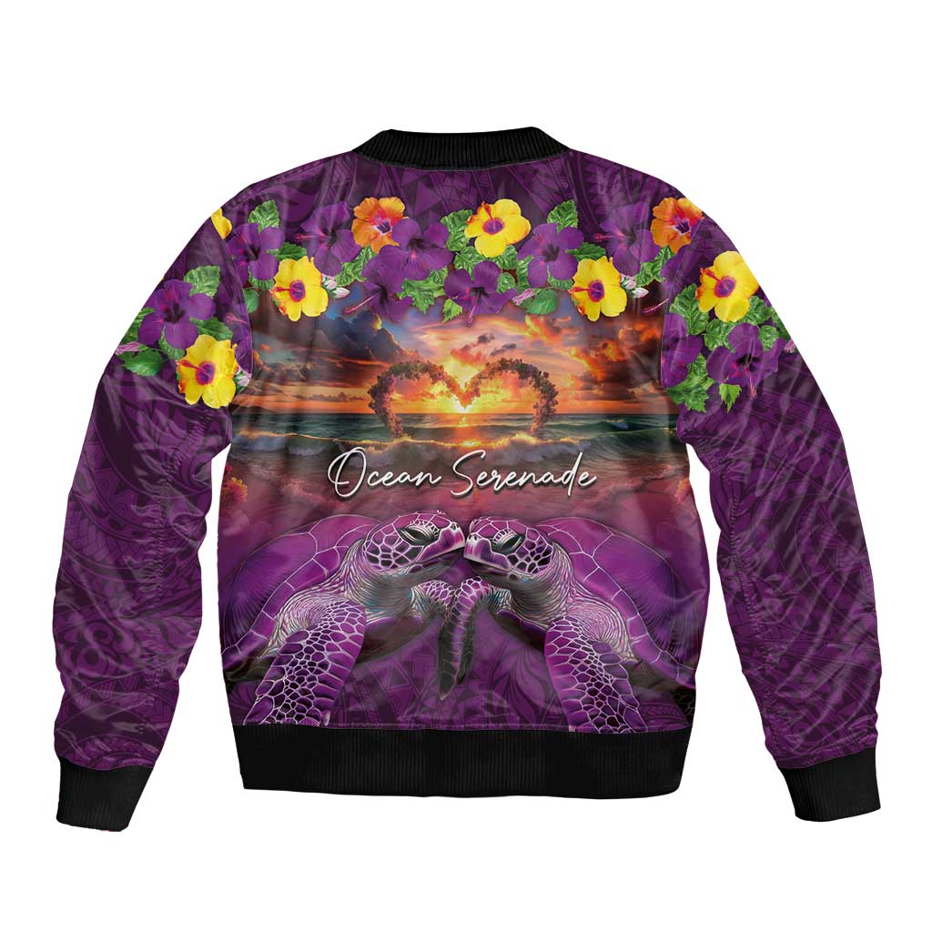 Hawaiian Turtle Love Couple Bomber Jacket Ocean Serenade - Honu Honi Ihu with Hibiscus and Romantic Sunset Purple Color LT03 - Polynesian Pride