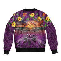Hawaiian Turtle Love Couple Bomber Jacket Ocean Serenade - Honu Honi Ihu with Hibiscus and Romantic Sunset Purple Color LT03 - Polynesian Pride