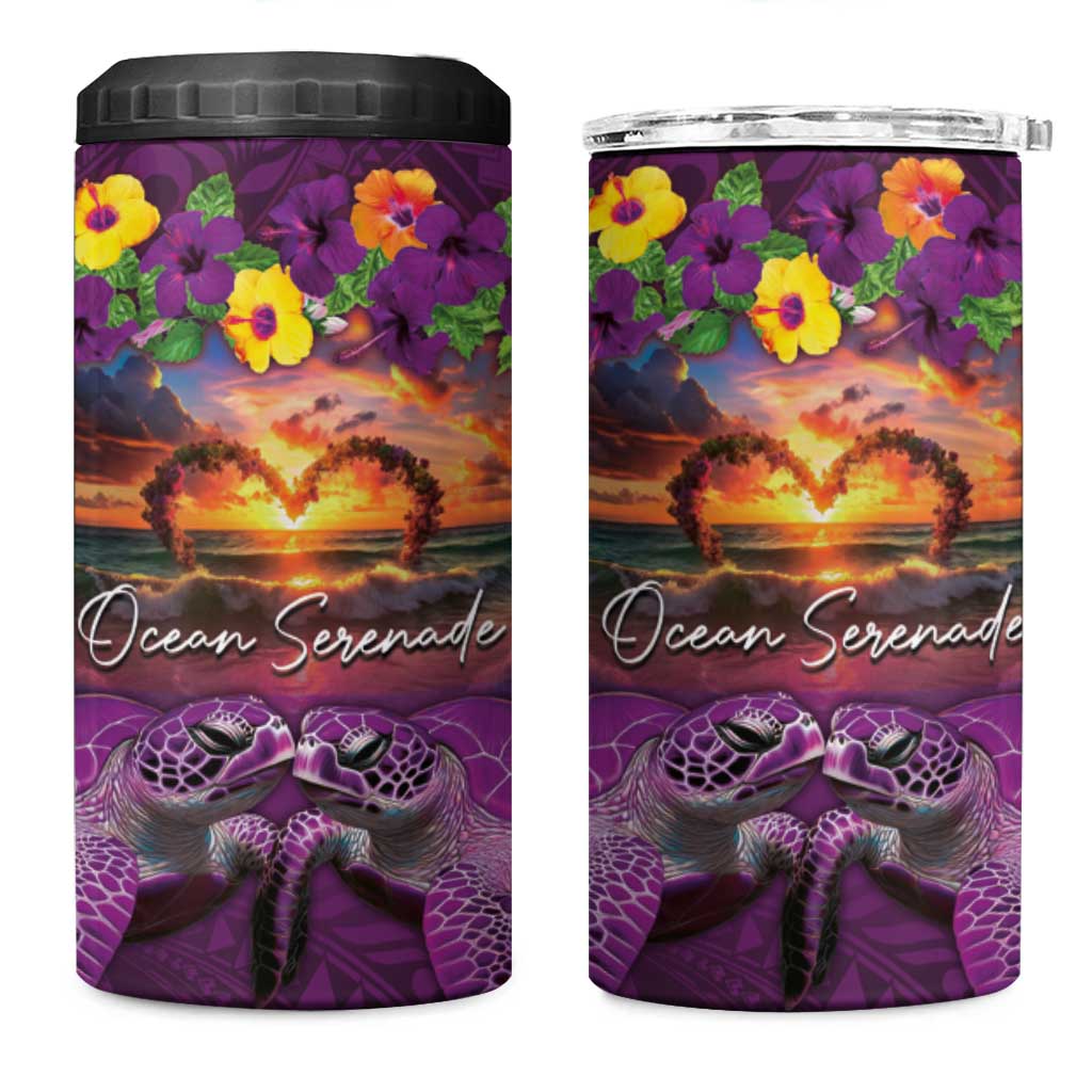 Hawaiian Turtle Love Couple 4 in 1 Can Cooler Tumbler Ocean Serenade - Honu Honi Ihu with Hibiscus and Romantic Sunset Purple Color LT03 One Size: 16 oz Purple - Polynesian Pride