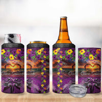 Hawaiian Turtle Love Couple 4 in 1 Can Cooler Tumbler Ocean Serenade - Honu Honi Ihu with Hibiscus and Romantic Sunset Purple Color LT03 - Polynesian Pride