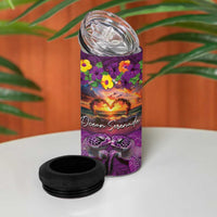 Hawaiian Turtle Love Couple 4 in 1 Can Cooler Tumbler Ocean Serenade - Honu Honi Ihu with Hibiscus and Romantic Sunset Purple Color LT03 - Polynesian Pride