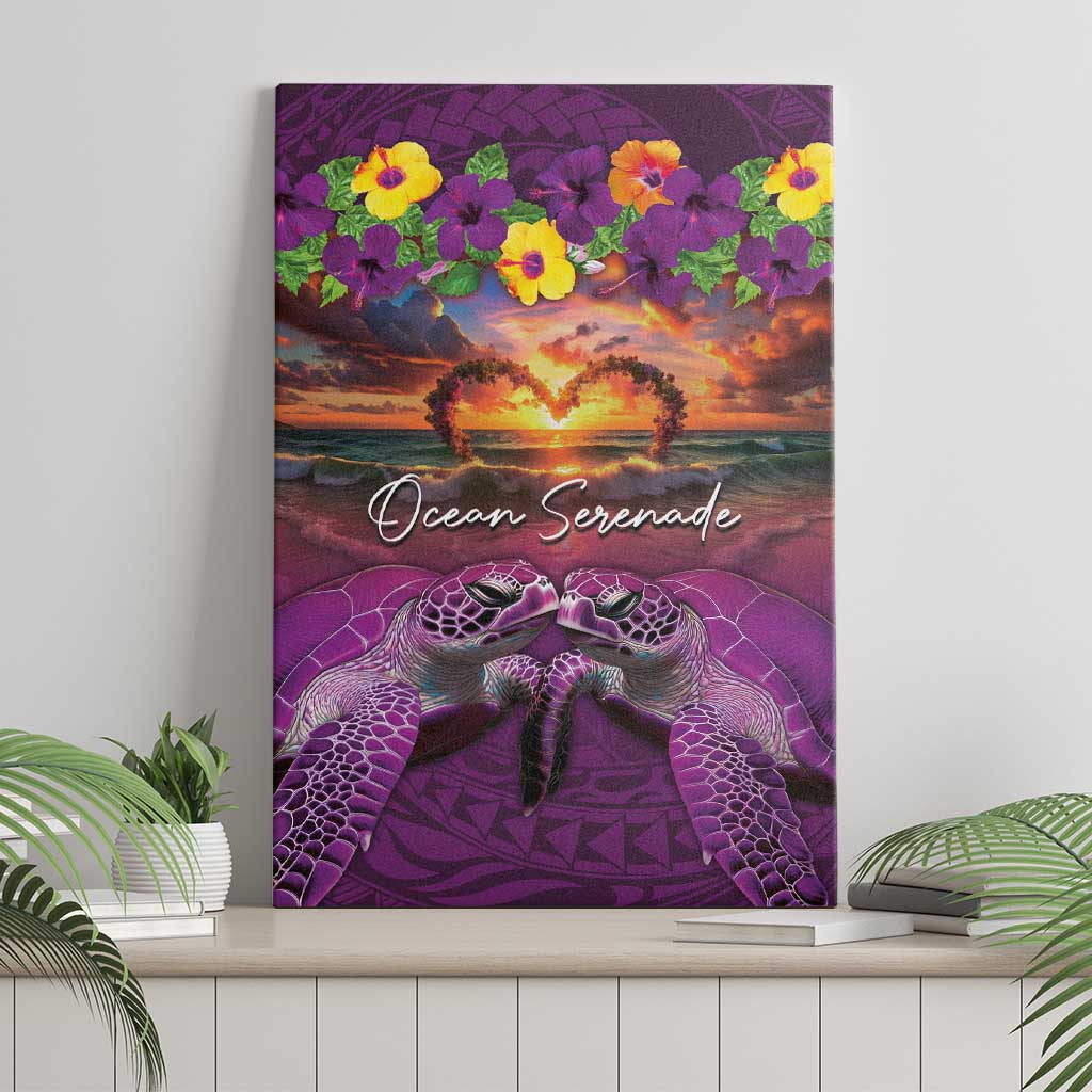 Hawaiian Turtle Love Couple Canvas Wall Art Ocean Serenade - Honu Honi Ihu with Hibiscus and Romantic Sunset Purple Color LT03 - Polynesian Pride