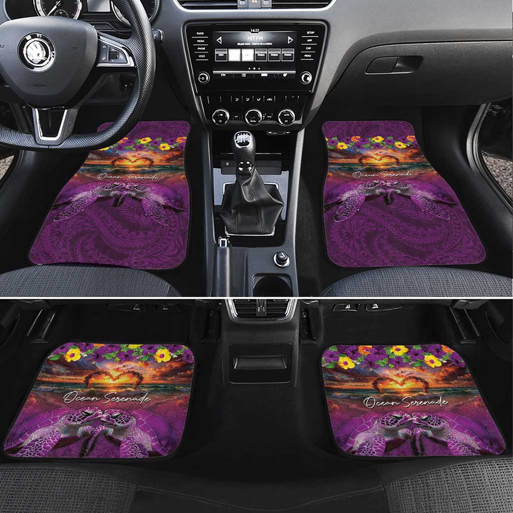 Hawaiian Turtle Love Couple Car Mats Ocean Serenade - Honu Honi Ihu with Hibiscus and Romantic Sunset Purple Color LT03 Set 4pcs Purple - Polynesian Pride