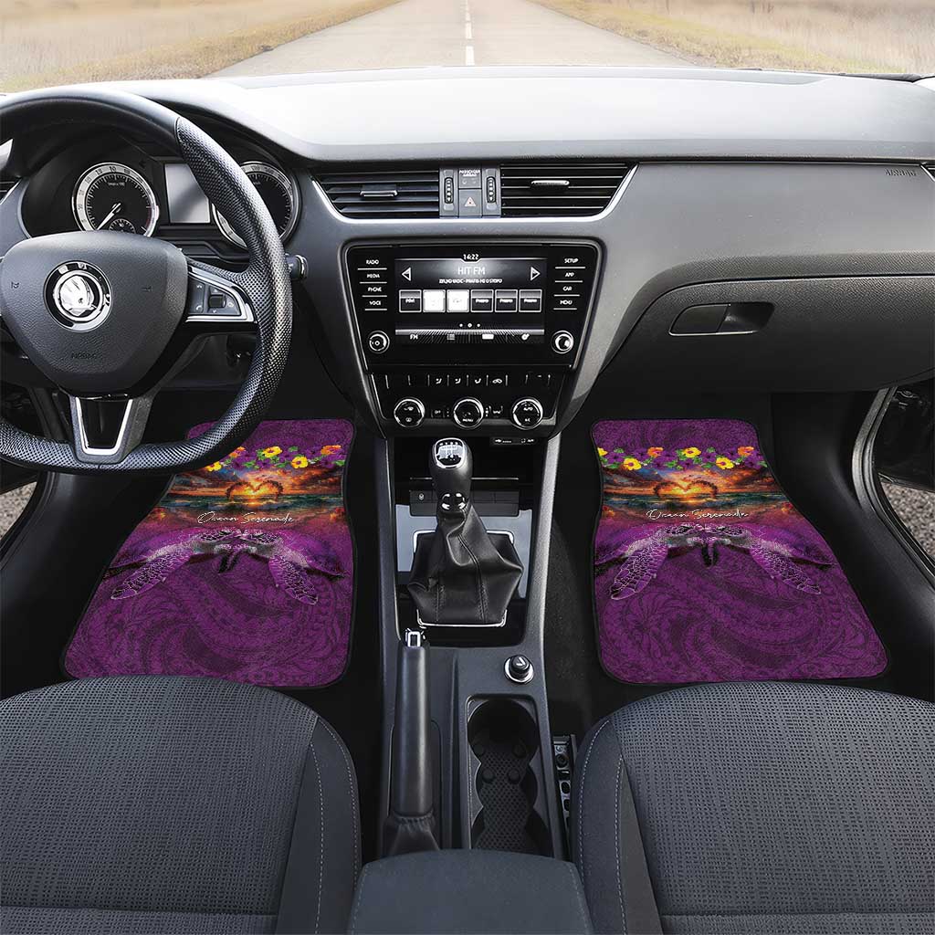 Hawaiian Turtle Love Couple Car Mats Ocean Serenade - Honu Honi Ihu with Hibiscus and Romantic Sunset Purple Color LT03 Set 2pcs - Front Purple - Polynesian Pride