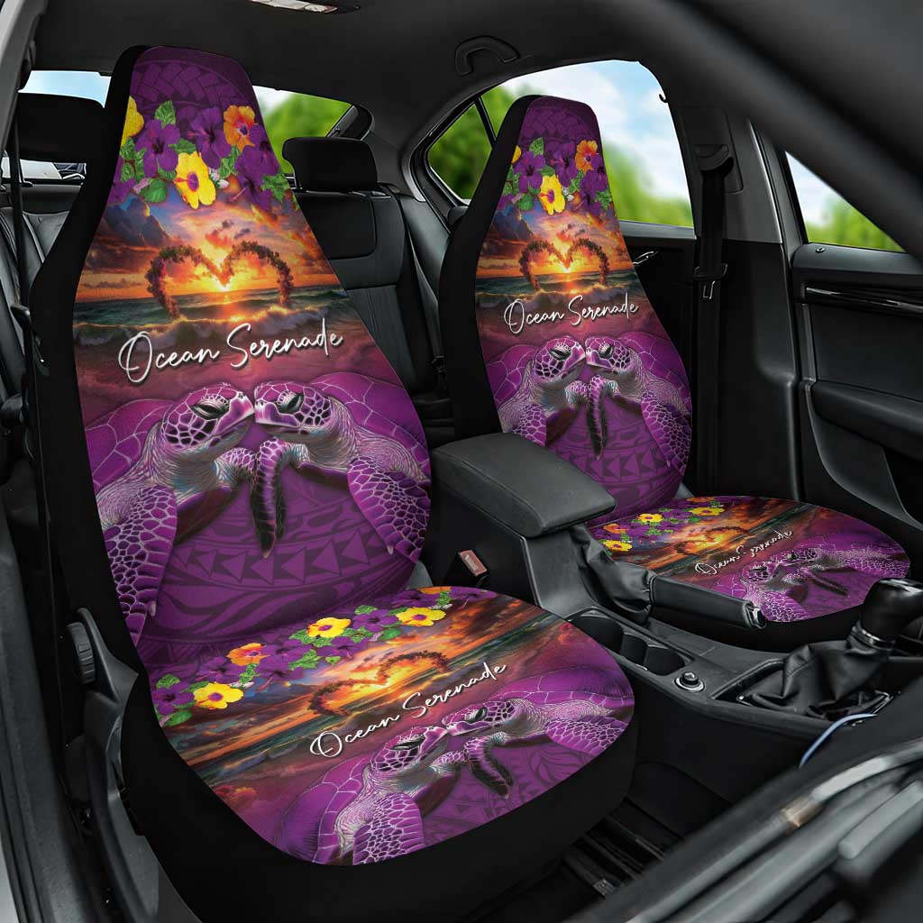 Hawaiian Turtle Love Couple Car Seat Cover Ocean Serenade - Honu Honi Ihu with Hibiscus and Romantic Sunset Purple Color LT03 One Size Purple - Polynesian Pride