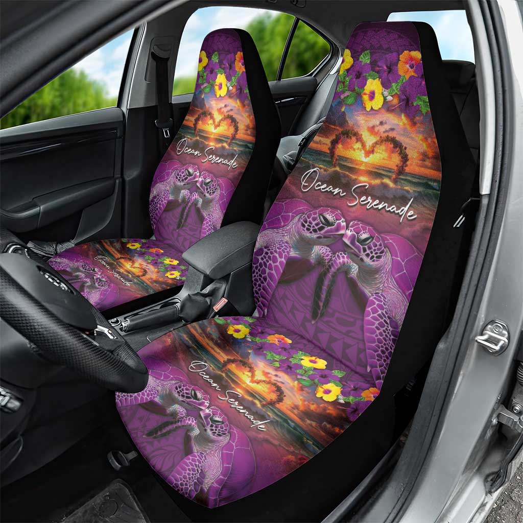 Hawaiian Turtle Love Couple Car Seat Cover Ocean Serenade - Honu Honi Ihu with Hibiscus and Romantic Sunset Purple Color LT03 - Polynesian Pride