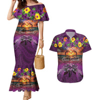 Hawaiian Turtle Love Couple Couples Matching Mermaid Dress and Hawaiian Shirt Ocean Serenade - Honu Honi Ihu with Hibiscus and Romantic Sunset Purple Color LT03 Purple - Polynesian Pride