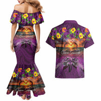 Hawaiian Turtle Love Couple Couples Matching Mermaid Dress and Hawaiian Shirt Ocean Serenade - Honu Honi Ihu with Hibiscus and Romantic Sunset Purple Color LT03 - Polynesian Pride