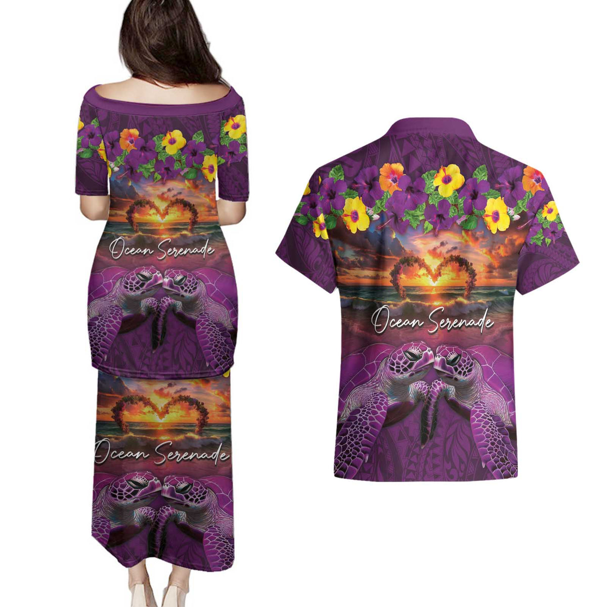 Hawaiian Turtle Love Couple Couples Matching Puletasi and Hawaiian Shirt Ocean Serenade - Honu Honi Ihu with Hibiscus and Romantic Sunset Purple Color LT03 - Polynesian Pride