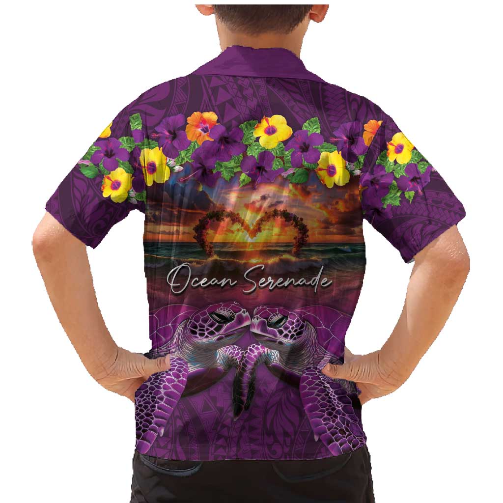 Hawaiian Turtle Love Couple Family Matching Mermaid Dress and Hawaiian Shirt Ocean Serenade - Honu Honi Ihu with Hibiscus and Romantic Sunset Purple Color LT03 - Polynesian Pride