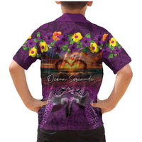 Hawaiian Turtle Love Couple Family Matching Mermaid Dress and Hawaiian Shirt Ocean Serenade - Honu Honi Ihu with Hibiscus and Romantic Sunset Purple Color LT03 - Polynesian Pride