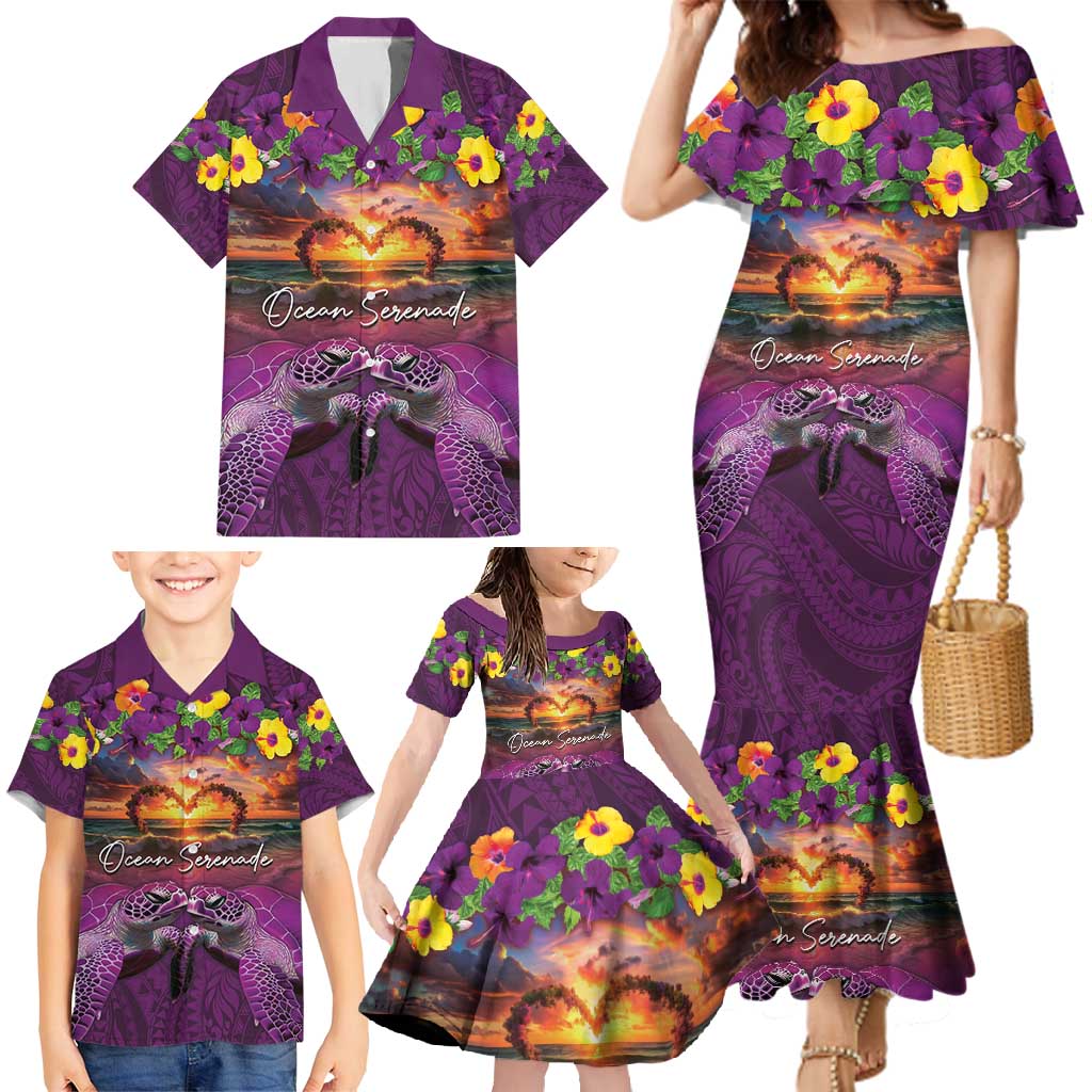 Hawaiian Turtle Love Couple Family Matching Mermaid Dress and Hawaiian Shirt Ocean Serenade - Honu Honi Ihu with Hibiscus and Romantic Sunset Purple Color LT03 - Polynesian Pride