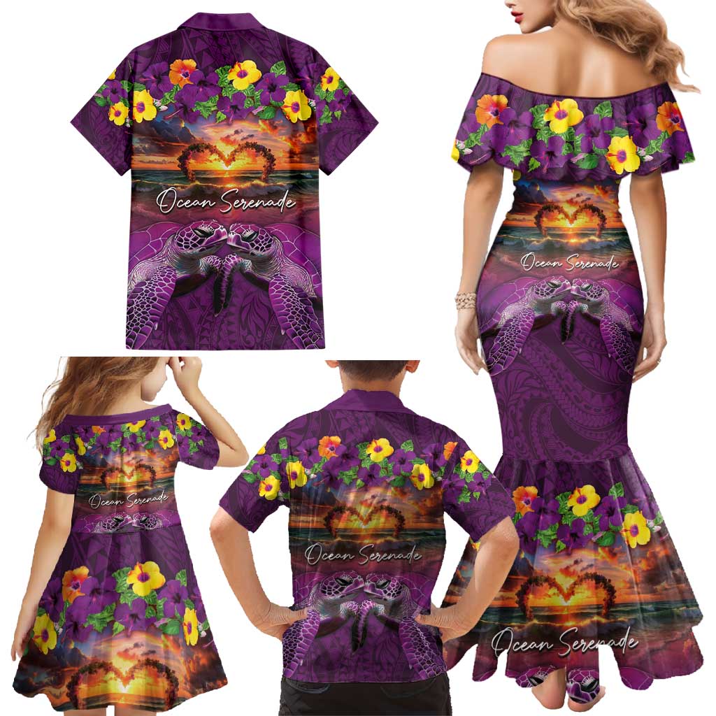 Hawaiian Turtle Love Couple Family Matching Mermaid Dress and Hawaiian Shirt Ocean Serenade - Honu Honi Ihu with Hibiscus and Romantic Sunset Purple Color LT03 - Polynesian Pride