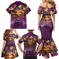 Hawaiian Turtle Love Couple Family Matching Mermaid Dress and Hawaiian Shirt Ocean Serenade - Honu Honi Ihu with Hibiscus and Romantic Sunset Purple Color LT03 - Polynesian Pride