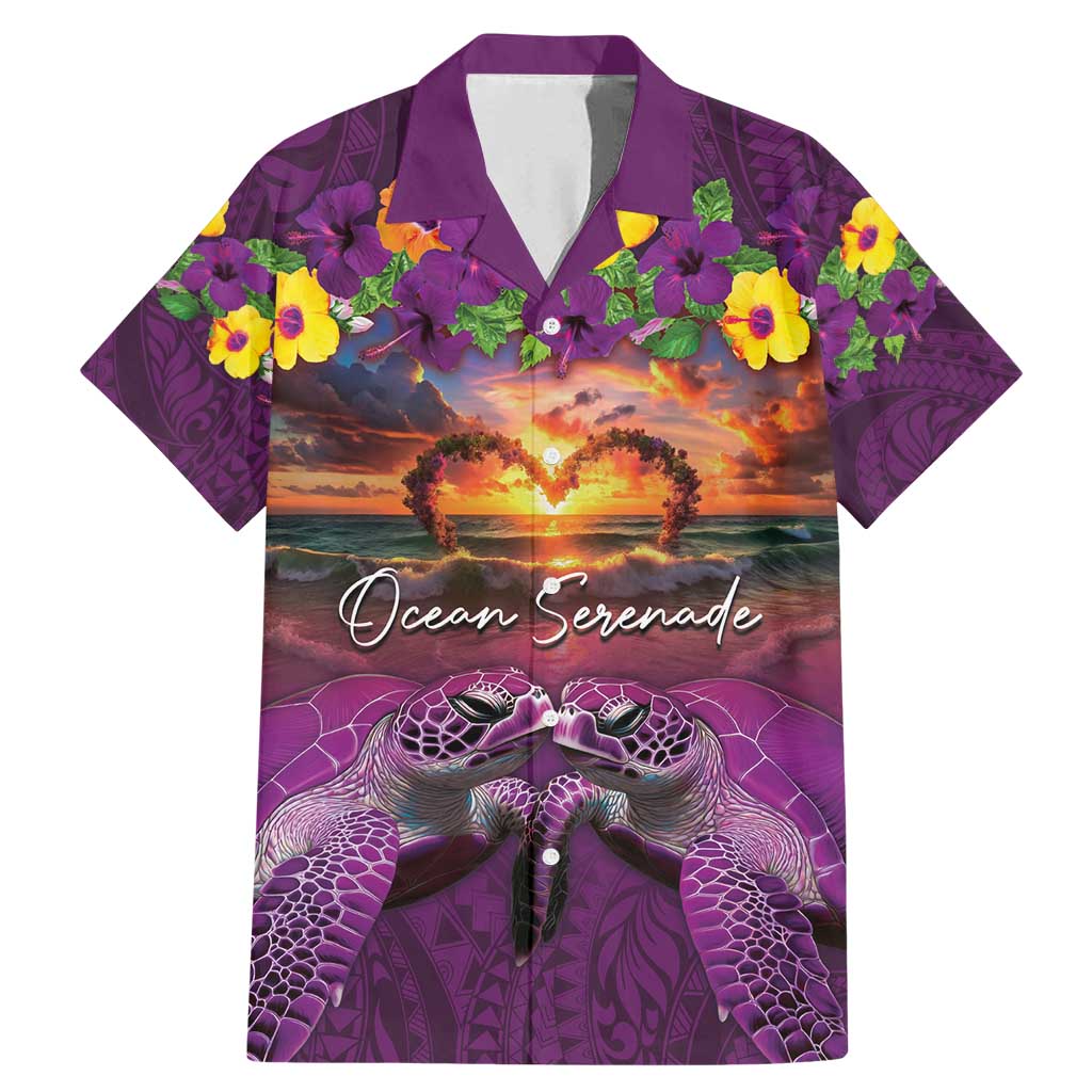 Hawaiian Turtle Love Couple Family Matching Mermaid Dress and Hawaiian Shirt Ocean Serenade - Honu Honi Ihu with Hibiscus and Romantic Sunset Purple Color LT03 Dad's Shirt - Short Sleeve Purple - Polynesian Pride