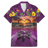 Hawaiian Turtle Love Couple Family Matching Mermaid Dress and Hawaiian Shirt Ocean Serenade - Honu Honi Ihu with Hibiscus and Romantic Sunset Purple Color LT03 Dad's Shirt - Short Sleeve Purple - Polynesian Pride