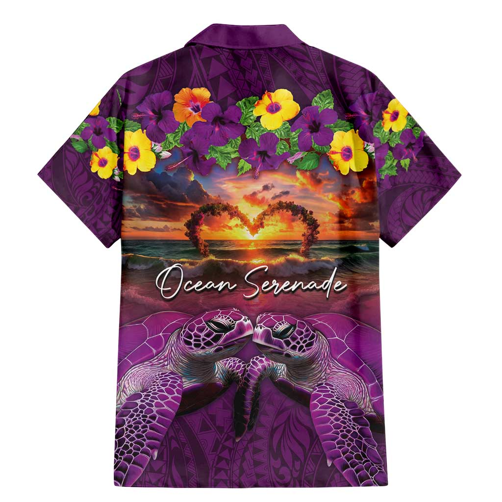 Hawaiian Turtle Love Couple Family Matching Mermaid Dress and Hawaiian Shirt Ocean Serenade - Honu Honi Ihu with Hibiscus and Romantic Sunset Purple Color LT03 - Polynesian Pride