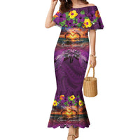Hawaiian Turtle Love Couple Family Matching Mermaid Dress and Hawaiian Shirt Ocean Serenade - Honu Honi Ihu with Hibiscus and Romantic Sunset Purple Color LT03 Mom's Dress Purple - Polynesian Pride