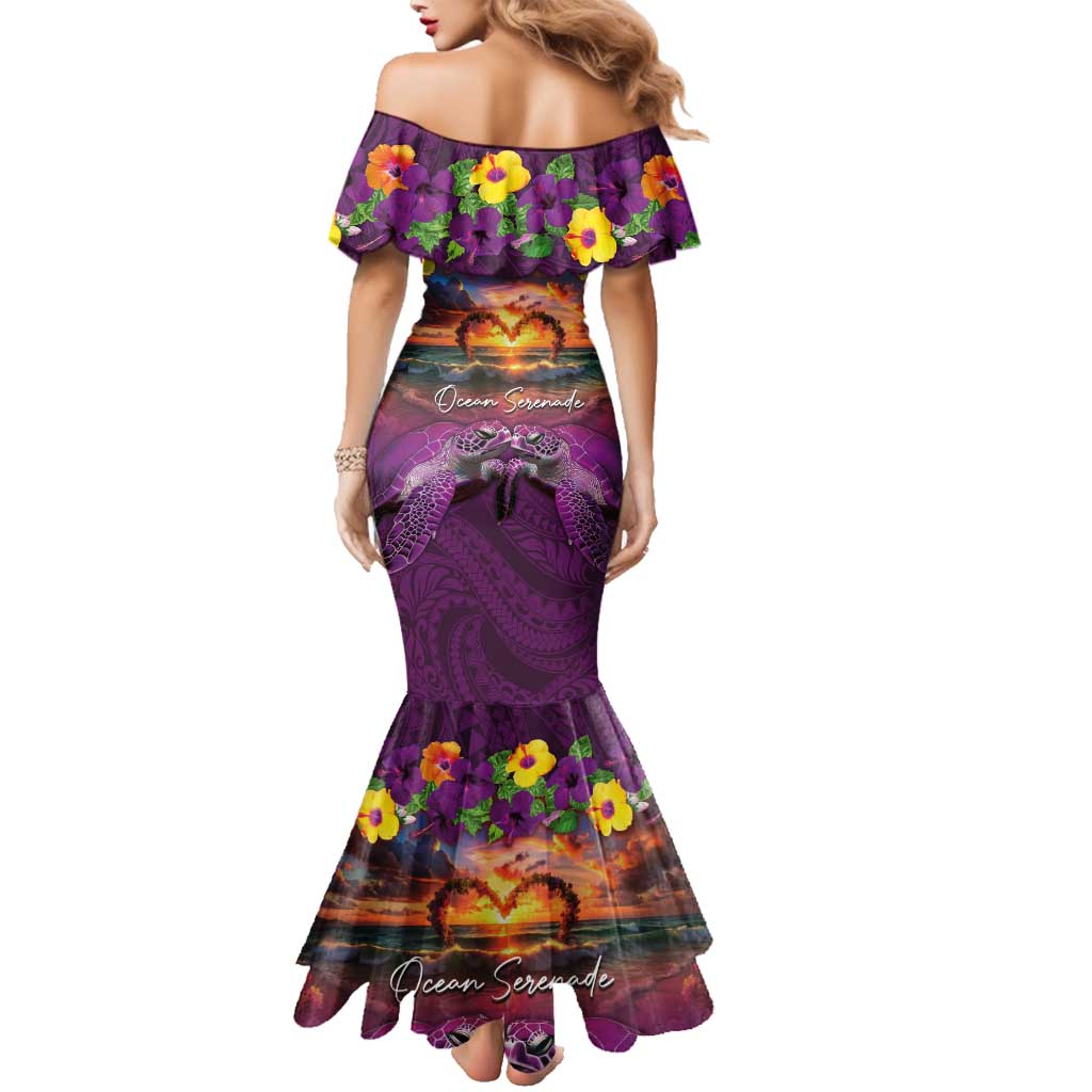 Hawaiian Turtle Love Couple Family Matching Mermaid Dress and Hawaiian Shirt Ocean Serenade - Honu Honi Ihu with Hibiscus and Romantic Sunset Purple Color LT03 - Polynesian Pride