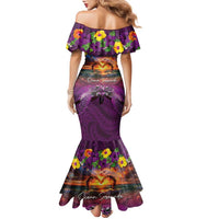 Hawaiian Turtle Love Couple Family Matching Mermaid Dress and Hawaiian Shirt Ocean Serenade - Honu Honi Ihu with Hibiscus and Romantic Sunset Purple Color LT03 - Polynesian Pride