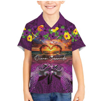 Hawaiian Turtle Love Couple Family Matching Mermaid Dress and Hawaiian Shirt Ocean Serenade - Honu Honi Ihu with Hibiscus and Romantic Sunset Purple Color LT03 Son's Shirt Purple - Polynesian Pride