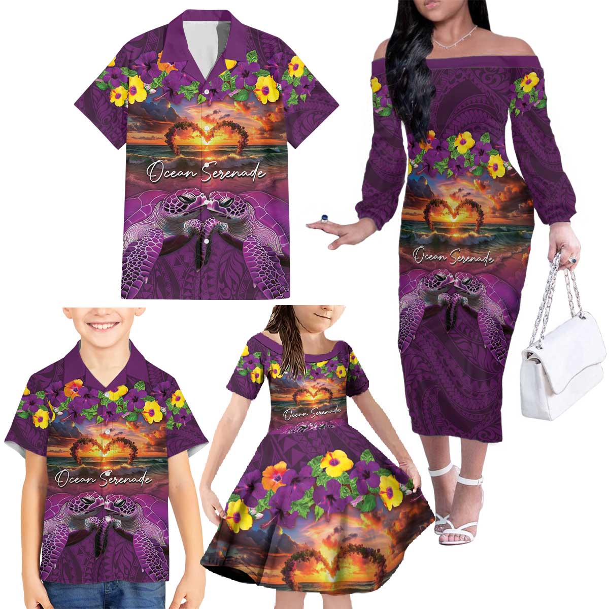 Hawaiian Turtle Love Couple Family Matching Off The Shoulder Long Sleeve Dress and Hawaiian Shirt Ocean Serenade - Honu Honi Ihu with Hibiscus and Romantic Sunset Purple Color LT03 - Polynesian Pride