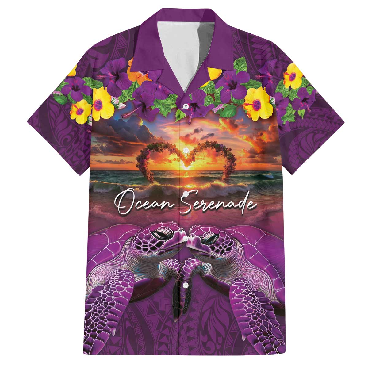 Hawaiian Turtle Love Couple Family Matching Off The Shoulder Long Sleeve Dress and Hawaiian Shirt Ocean Serenade - Honu Honi Ihu with Hibiscus and Romantic Sunset Purple Color LT03 Dad's Shirt - Short Sleeve Purple - Polynesian Pride