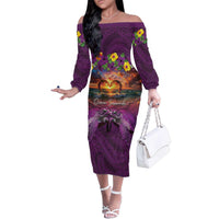 Hawaiian Turtle Love Couple Family Matching Off The Shoulder Long Sleeve Dress and Hawaiian Shirt Ocean Serenade - Honu Honi Ihu with Hibiscus and Romantic Sunset Purple Color LT03 Mom's Dress Purple - Polynesian Pride