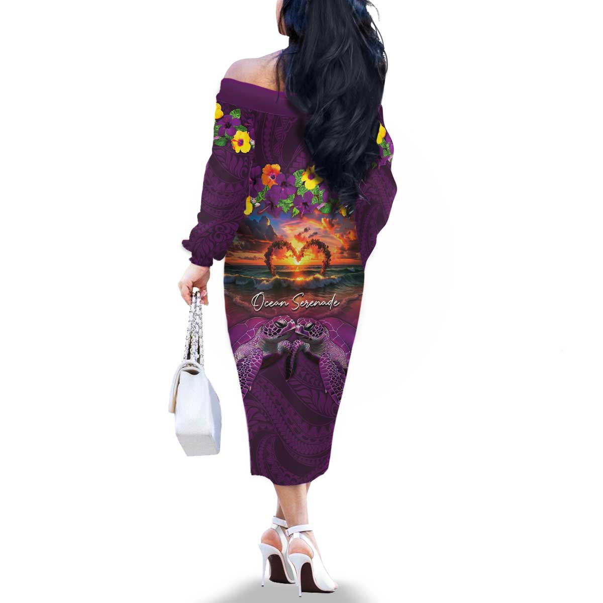 Hawaiian Turtle Love Couple Family Matching Off The Shoulder Long Sleeve Dress and Hawaiian Shirt Ocean Serenade - Honu Honi Ihu with Hibiscus and Romantic Sunset Purple Color LT03 - Polynesian Pride