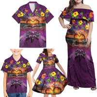 Hawaiian Turtle Love Couple Family Matching Off Shoulder Maxi Dress and Hawaiian Shirt Ocean Serenade - Honu Honi Ihu with Hibiscus and Romantic Sunset Purple Color LT03 - Polynesian Pride